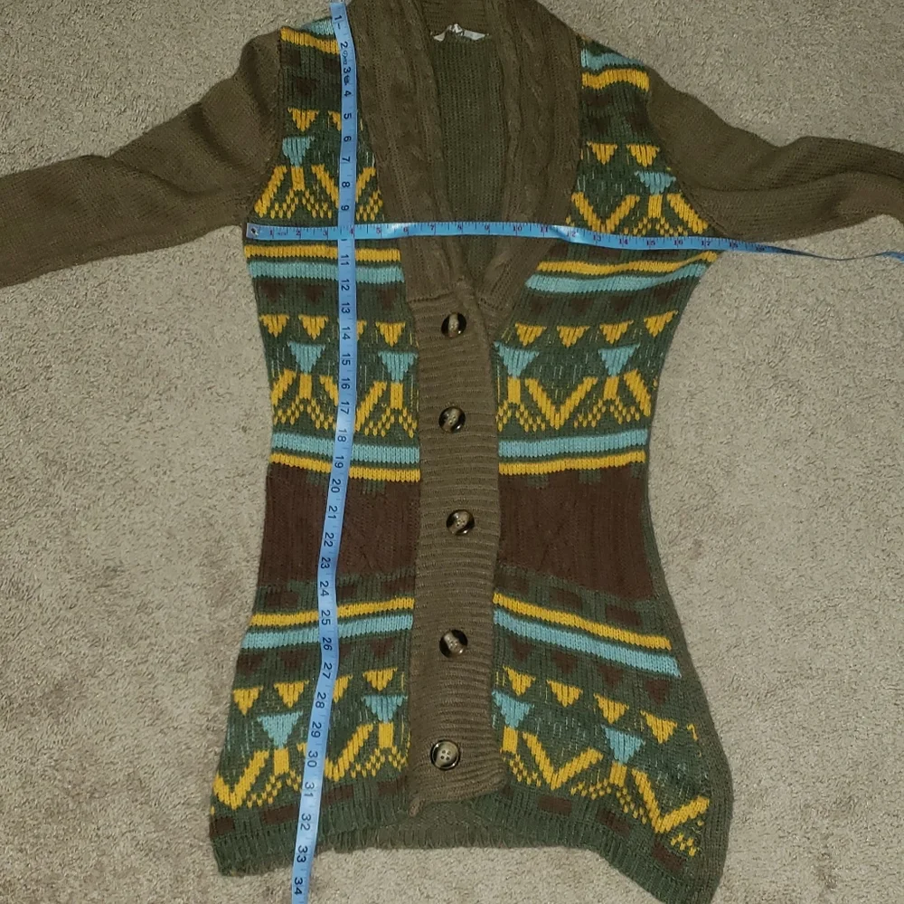 BKE Sweater Womens Large Green Brown Yellow Aztec Cardigan Button Up Buckle m - Picture 6 of 8